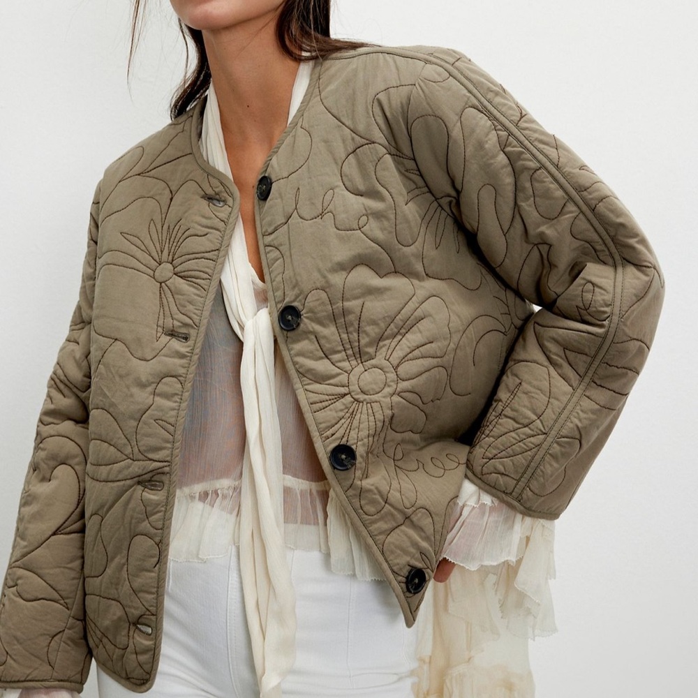 Free People Olive Quilted Floral Jacket- sold out everywhere
